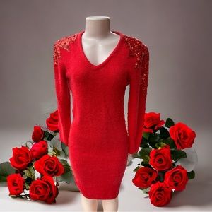 Vintage Rinzi‎ sequined soft Silk Angora blend red bodycon dress